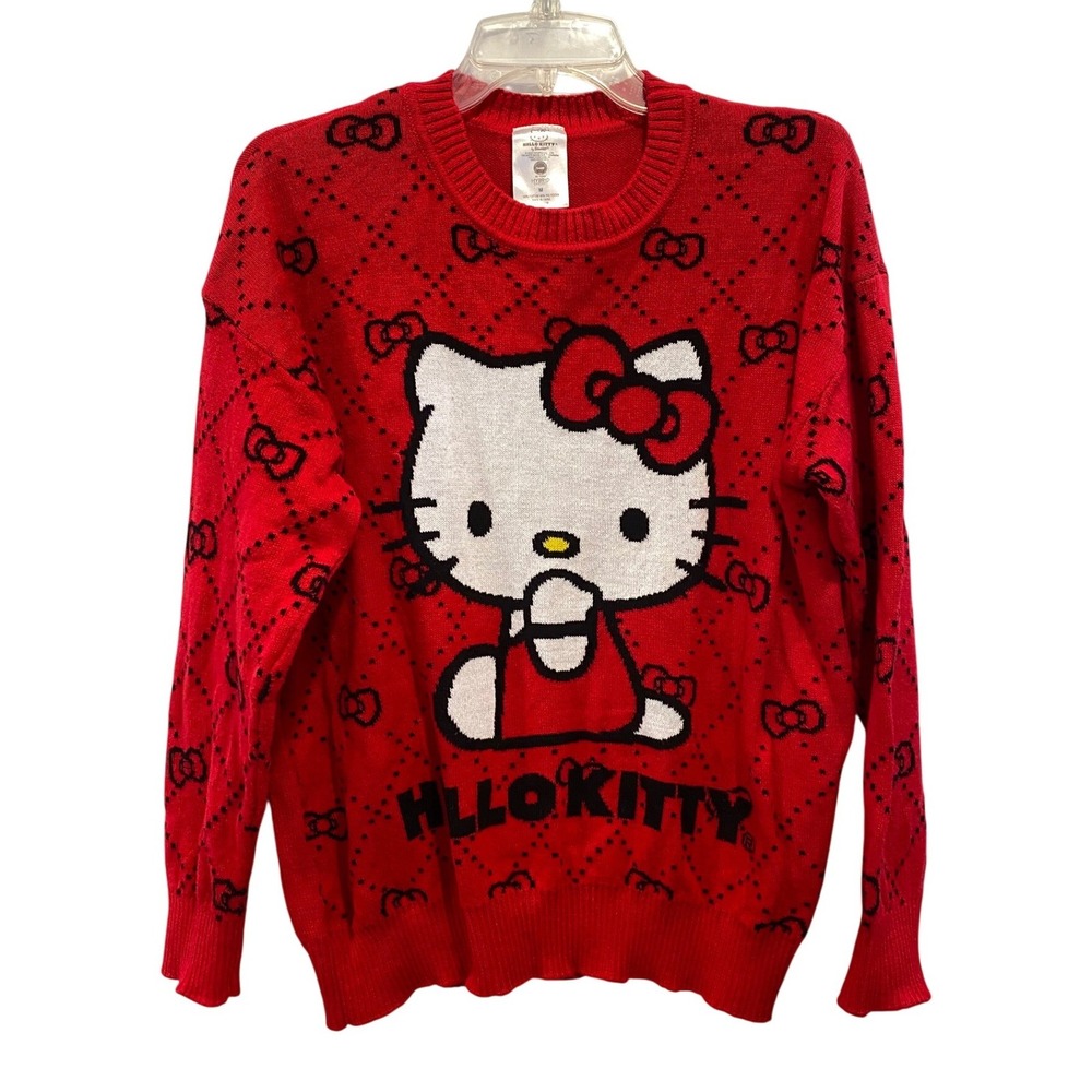Sanrio Hello Kitty Red Knit Sweater Bow Diamond Pattern Womens Medium Authentic